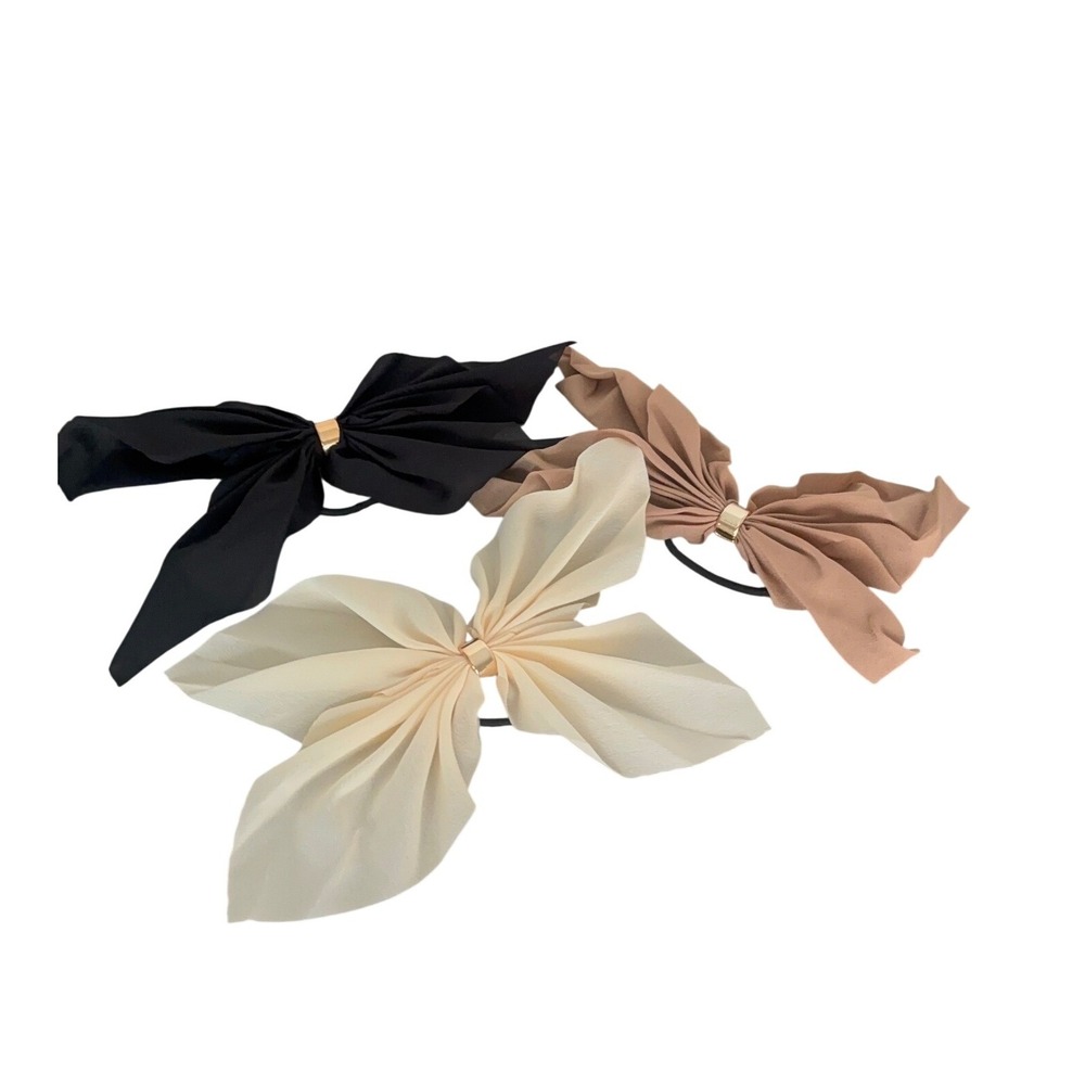3pc Chiffon Bow Hair Ties Set Neutral Black Tan Cream Gold Cuff Elastic Bands